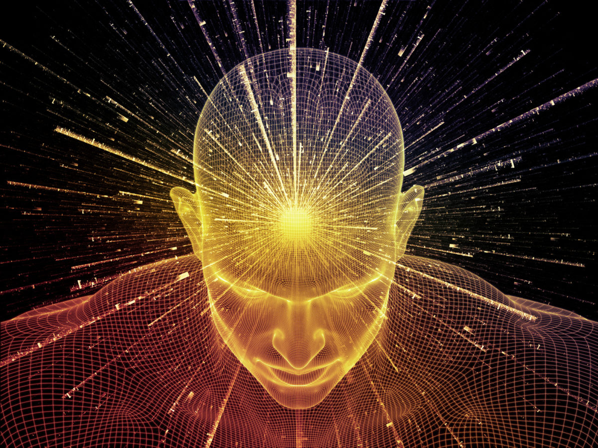 Frame of Mind series. Composition of human face wire-frame and fractal elements with metaphorical relationship to mind, reason, thought, mental powers and mystic consciousness